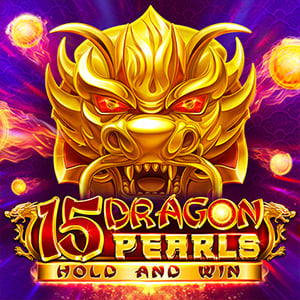 15 Dragon Pearls pokie artwork, a fierce gold dragon head among fireballs