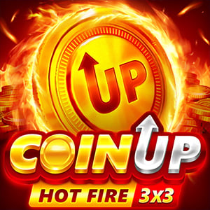 CoinUp Hot Fire pokie artwork, a burning gold coin marked with an up arrow