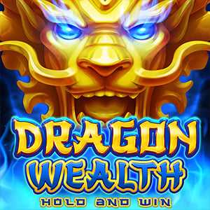 Dragon Wealth pokie artwork, a golden dragon head with glowing blue eyes