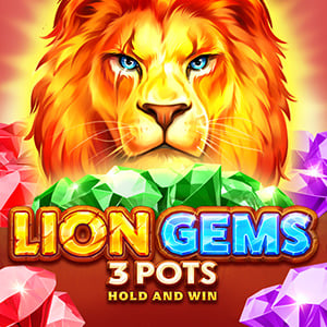Lion Gems 3 Pots pokie artwork, a lion face over green and red gems