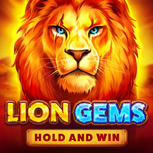 Lion Gems pokie artwork, a golden lion face on a fiery background