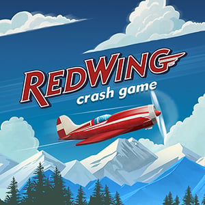 Redwing crash game artwork, a red propeller plane over mountains