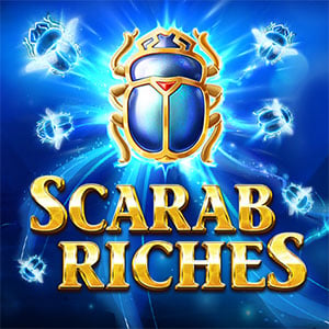 Scarab Riches pokie artwork, a blue jewelled scarab beetle